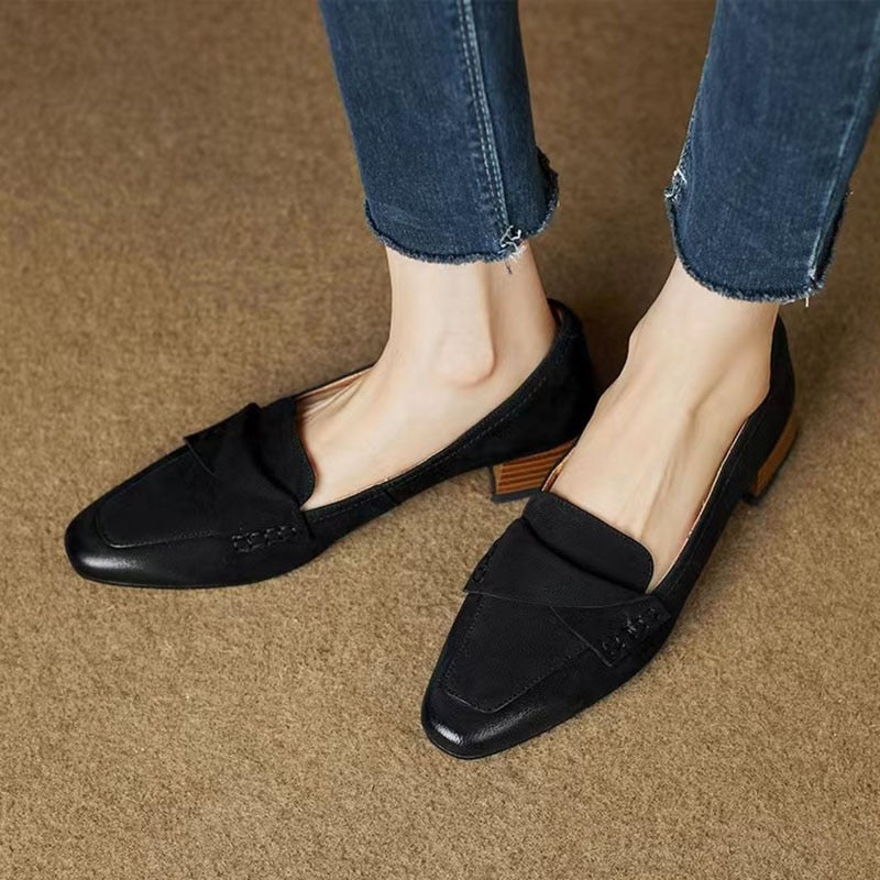 Women Oxford Shoes Square Toe Boat Shoes for Woman Pumps Pleated Slip on Mid Heels Office Ladies Shoes Grain Chunky Heels 9951N