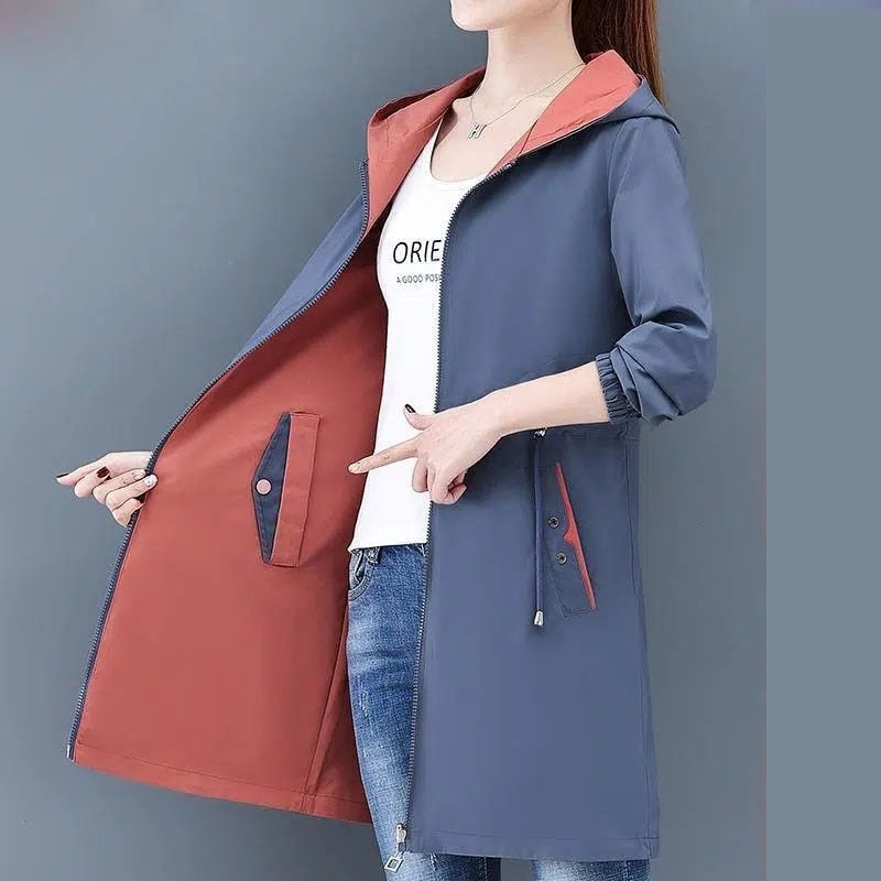 2023 New Autumn Windbreak Female Jacket Women Hooded Coats Casual Basic Jackets Two Side Wear Mid Long Trench Coat Outwear 3XL