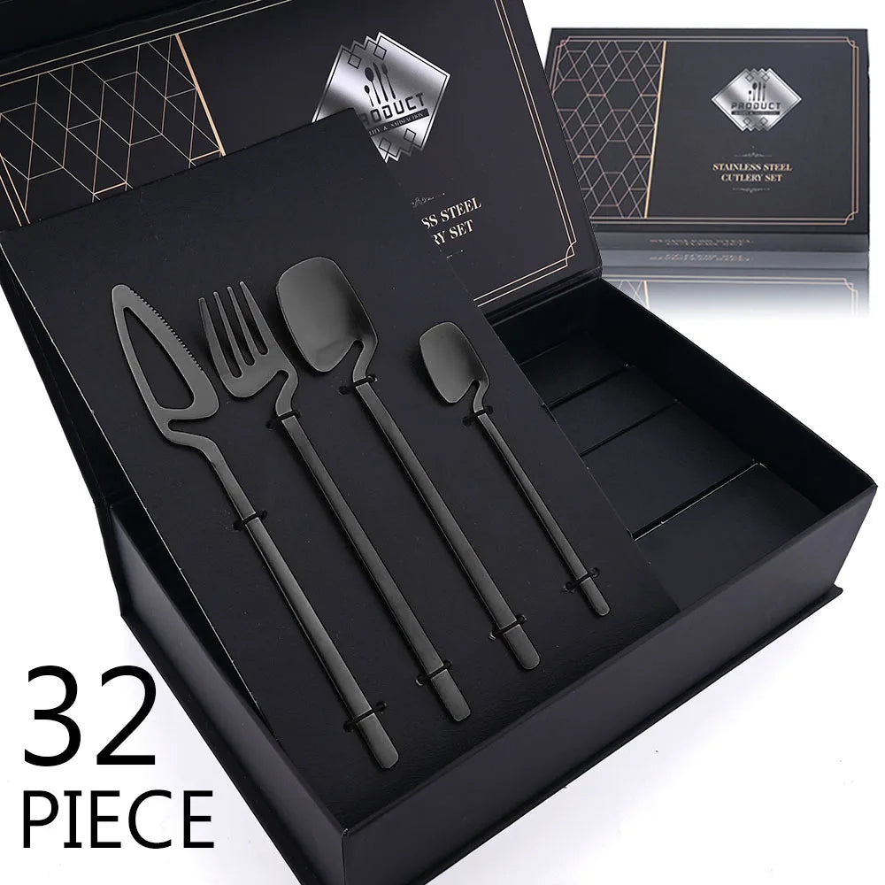Preto Matte Talheres Set, 304 Louça de Aço Inoxidável, Faca, Garfo, Colher, Dinner Set, Bar Party, Louça de Cozinha, Presente, 32pcs