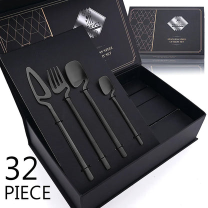 Preto Matte Talheres Set, 304 Louça de Aço Inoxidável, Faca, Garfo, Colher, Dinner Set, Bar Party, Louça de Cozinha, Presente, 32pcs