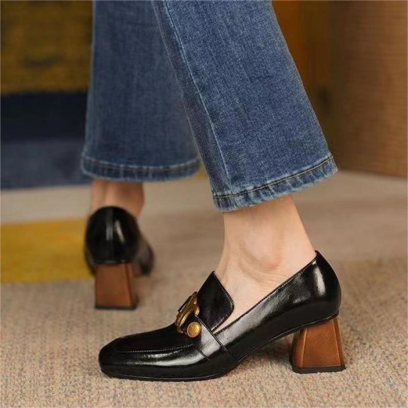 Retro Women Heeled Shoes Spring Leather Chunky Square Toe Metal Decorative Office Lady Loafers British Style Brown Female Shoes