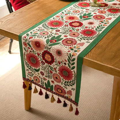 Caminho de Mesa de Luxo com Borlas - Elegância Floral para Sua Casa