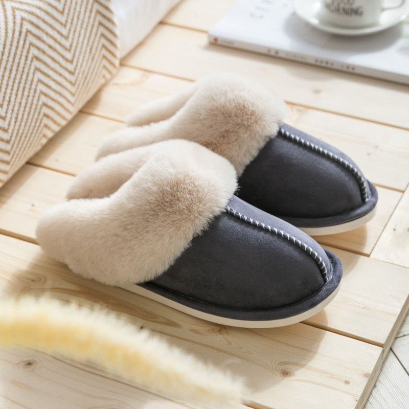 2022 Winter Warm Home Fur Slippers Women Luxury Faux Suede Plush Couple Cotton Shoes Indoor Bedroom Flat Heels Fluffy Slippers