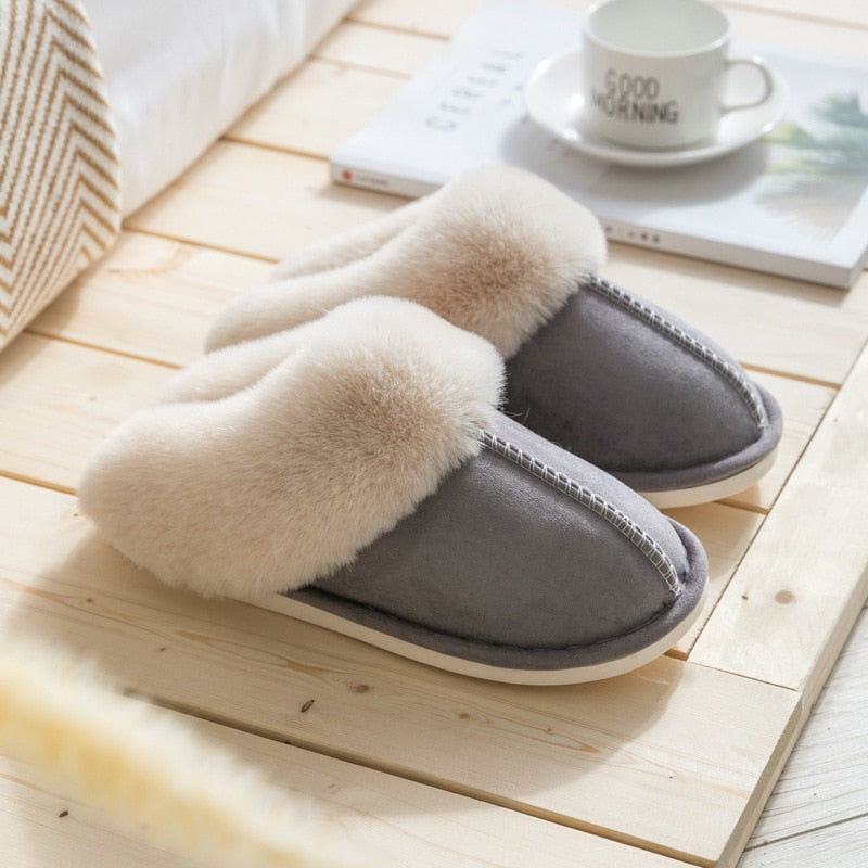 2022 Winter Warm Home Fur Slippers Women Luxury Faux Suede Plush Couple Cotton Shoes Indoor Bedroom Flat Heels Fluffy Slippers