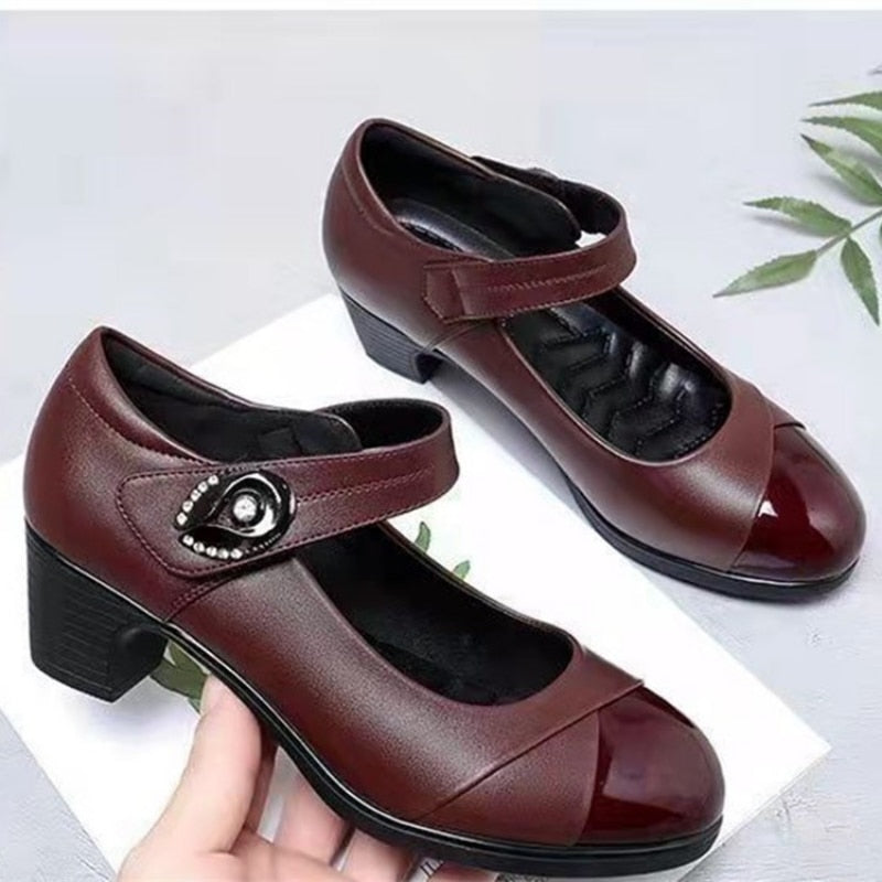 Women Classic Wine Red Height Increased Round Toe Buckle Strap Heel Shoes Lady Fashion Comfort Summer Party Pump