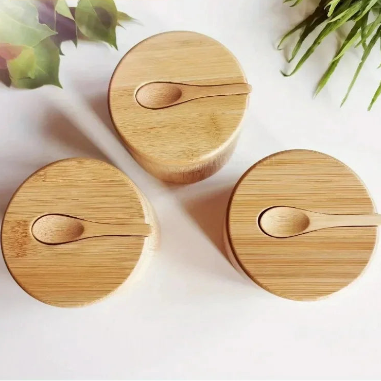 Conjunto de Potes de Bambu para Temperos com Tampa Magnética