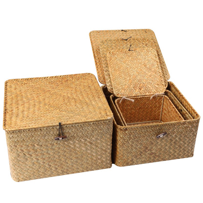 Cestas de Organização de Algas Marinhas com Tampa - Elegante Conjunto de 4