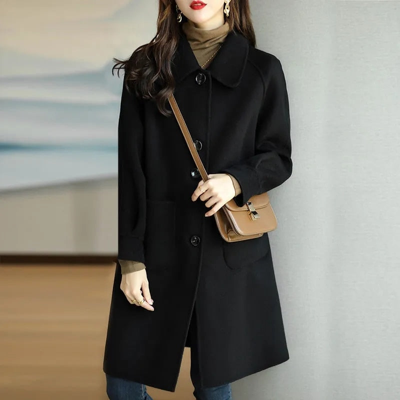 Woolen Jacket Women's 2023 Autumn/Winter New Style Small Thickened Korean Version Slim Temperament Mid-Length Woolen Coat M458