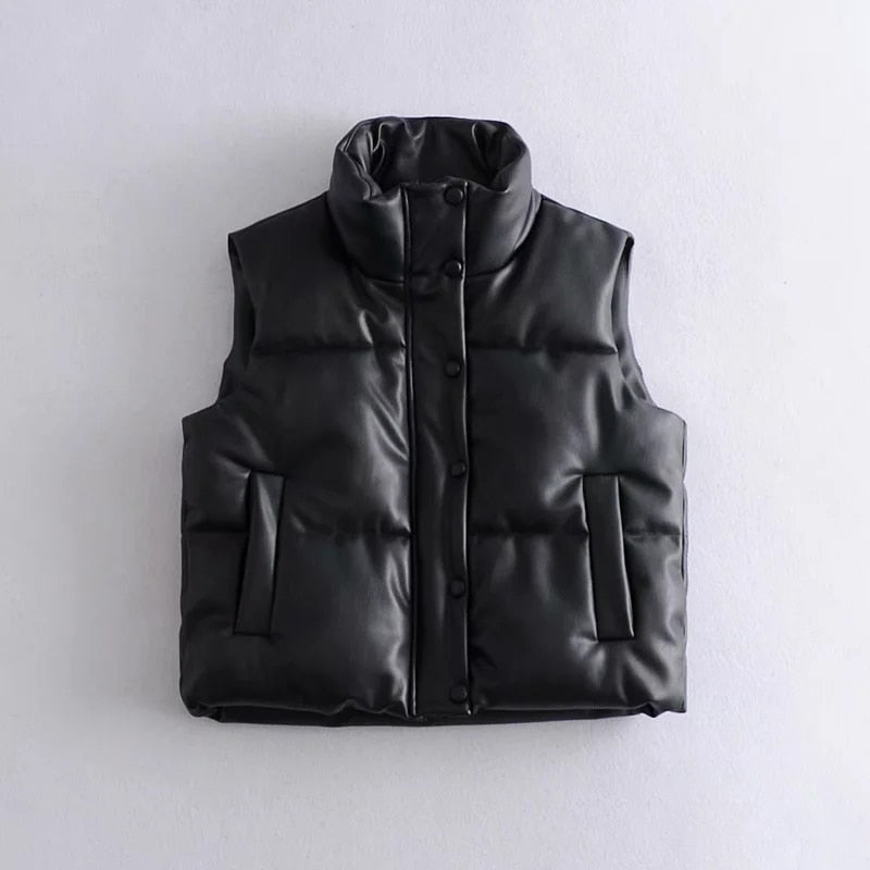 Fashion Streetwear Women Puffy Vest Winter Thick Parkas Jacket Black PU Female Coats Faux Leather Down Waistcoat Loose Lady Vest