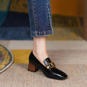 Retro Women Heeled Shoes Spring Leather Chunky Square Toe Metal Decorative Office Lady Loafers British Style Brown Female Shoes