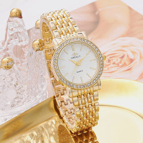 6pcs Dainty Quartz Watches Simple Bracelet Women Leisure Casual Round Pointer Rhinestone Dial Watch Wheat Bracelet Set