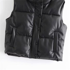 Fashion Streetwear Women Puffy Vest Winter Thick Parkas Jacket Black PU Female Coats Faux Leather Down Waistcoat Loose Lady Vest