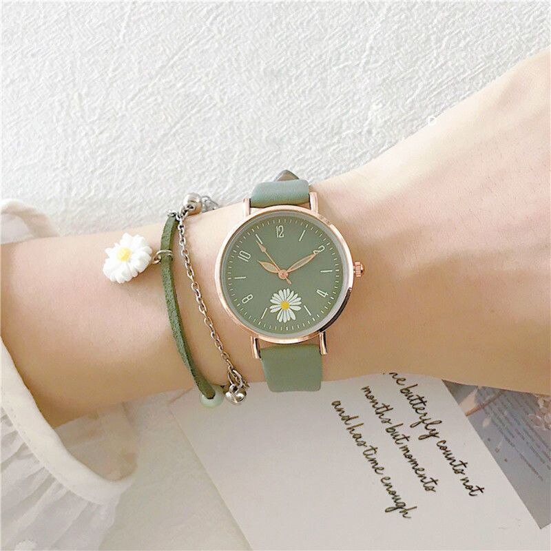 2PC Set Small Daisies Bracelet Watch Women Fashion Casual Leather Watches Simple Ladies Small Dial Quartz Wristwatch Reloj Mujer