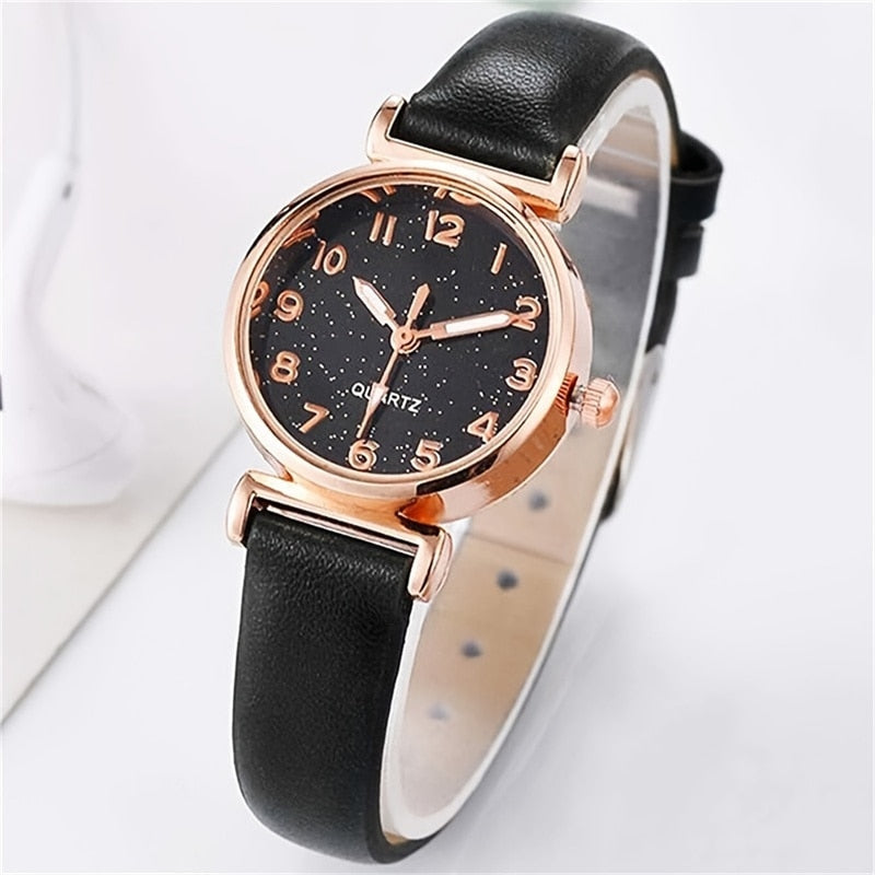 5pcs Set Women Fashion Casual Leather Belt Watches Simple Ladies Starry Sky Round Dial Quartz Wristwatches Dress Clock