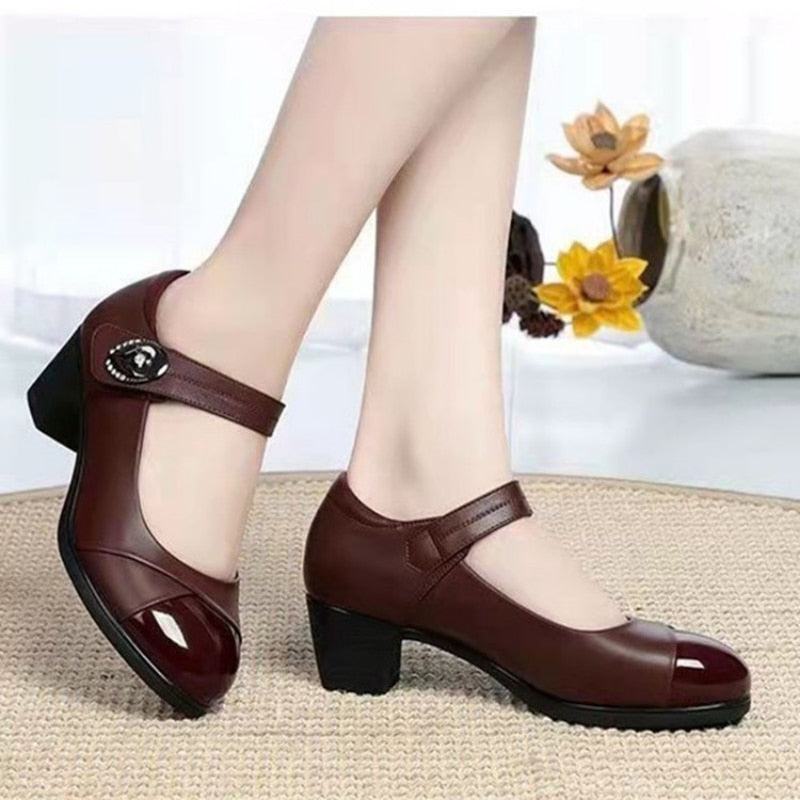 Women Classic Wine Red Height Increased Round Toe Buckle Strap Heel Shoes Lady Fashion Comfort Summer Party Pump