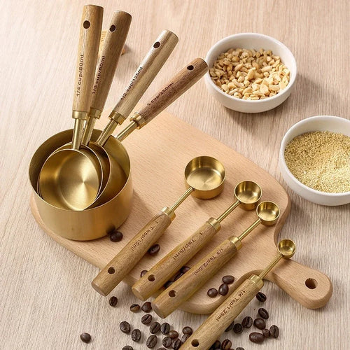 Aço Inoxidável Copos De Medição com Cabo De Madeira, Ferramentas De Cozimento, Colher De Café Set, Bartending Escala Acessórios, 4 PCs, 8PCs