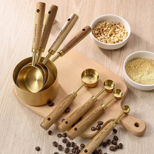 Aço Inoxidável Copos De Medição com Cabo De Madeira, Ferramentas De Cozimento, Colher De Café Set, Bartending Escala Acessórios, 4 PCs, 8PCs