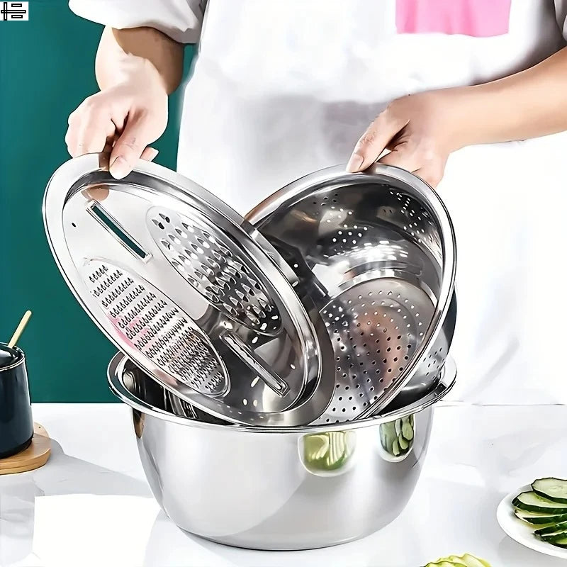 Ralador, Fatiador e Tigela Multifuncional de Aço Inoxidável para Cozinha Elegante