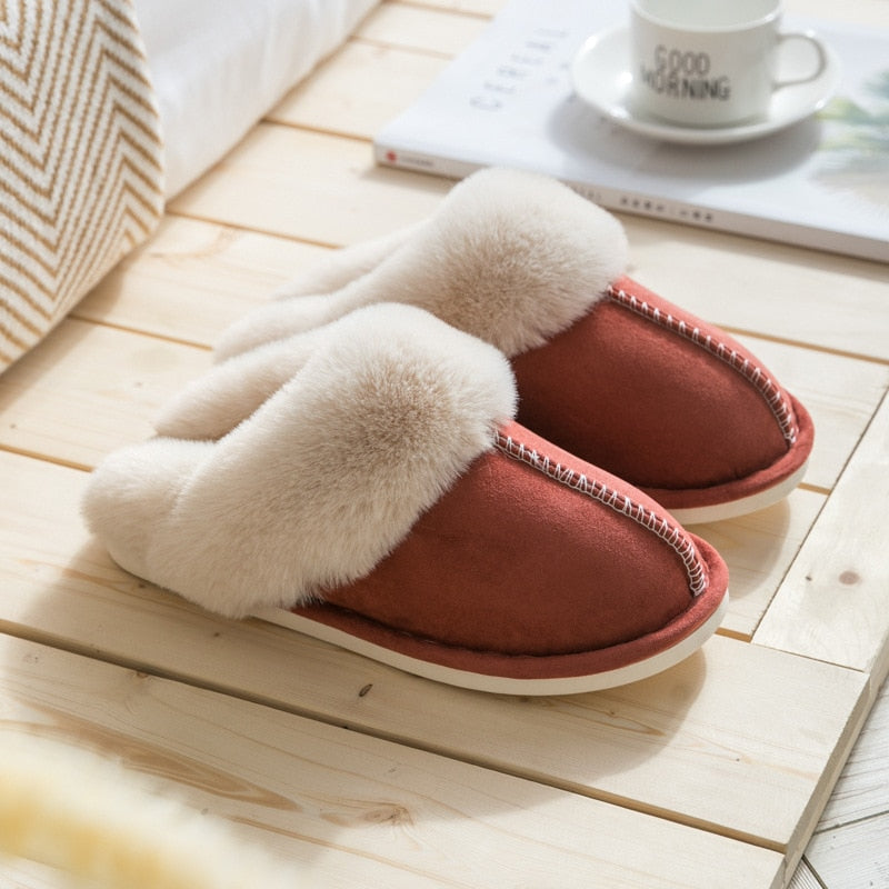 2022 Winter Warm Home Fur Slippers Women Luxury Faux Suede Plush Couple Cotton Shoes Indoor Bedroom Flat Heels Fluffy Slippers