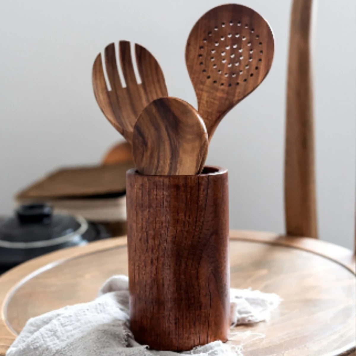 Conjunto De Cozinha De Madeira, Espátula Doméstica, Colher, Garfo De Salada, Colher De Agitação, Conjunto De Cozimento De Cozinha Com Balde De Armazenamento