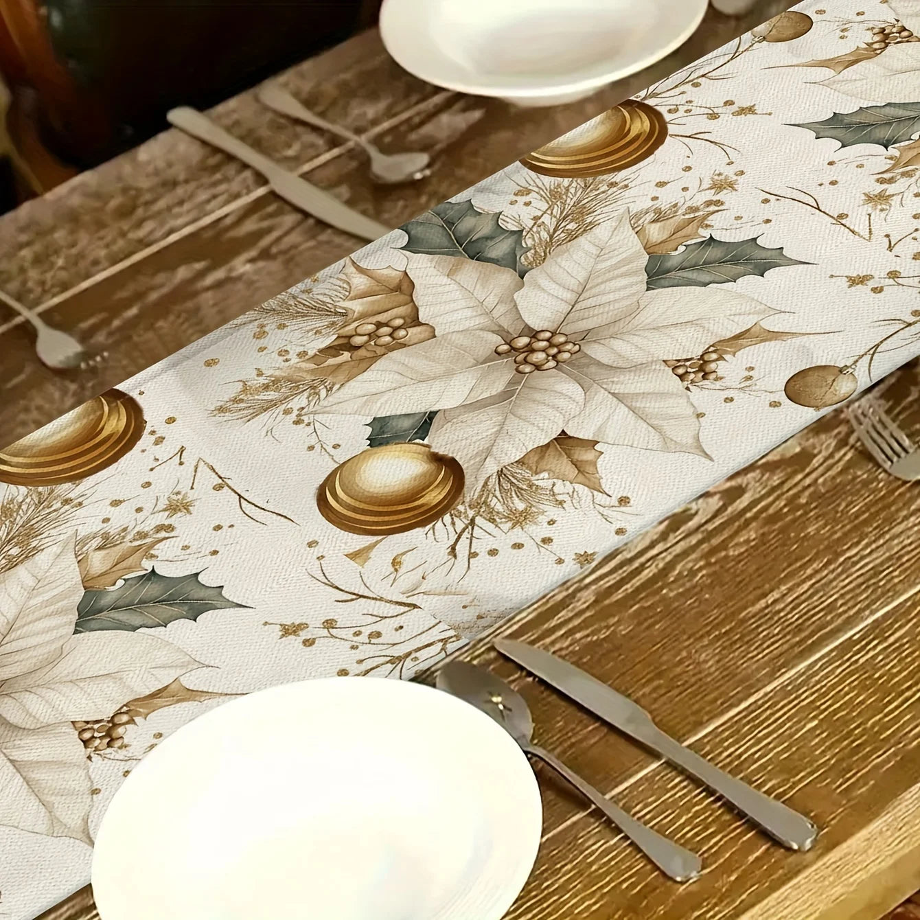 Caminho de Mesa Natalino com Folhas douradas para Decoração Elegante