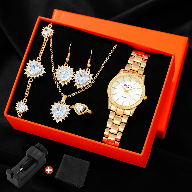 CAYON 6pcs Dainty Women Quartz Watch With Jewelry Set Fashion Round Women Watch Rhinestone Necklace Bracelet Earrings Ring Set