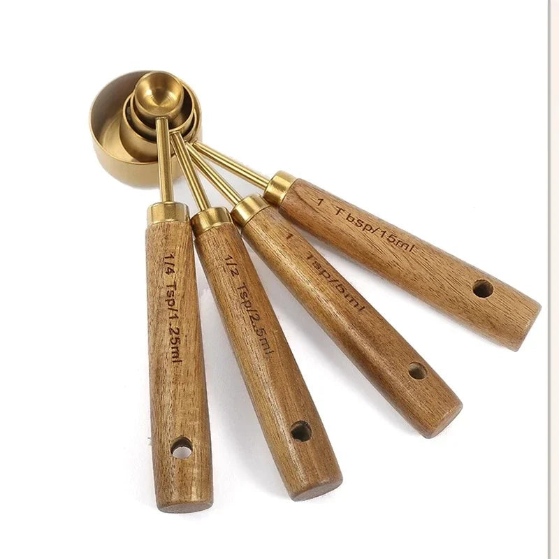 Aço Inoxidável Copos De Medição com Cabo De Madeira, Ferramentas De Cozimento, Colher De Café Set, Bartending Escala Acessórios, 4 PCs, 8PCs