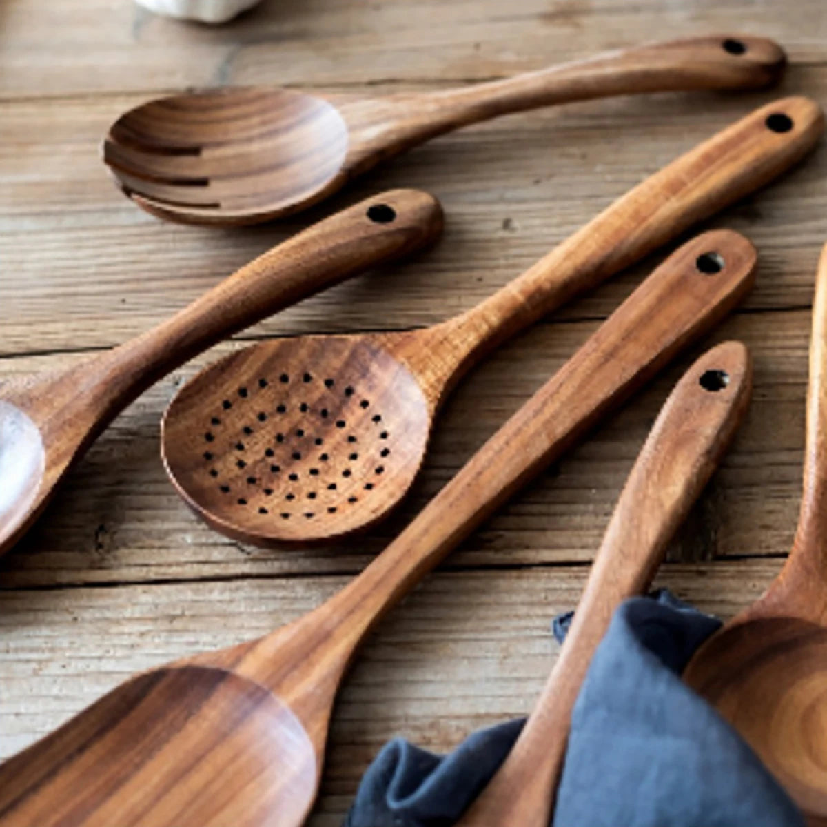 Conjunto De Cozinha De Madeira, Espátula Doméstica, Colher, Garfo De Salada, Colher De Agitação, Conjunto De Cozimento De Cozinha Com Balde De Armazenamento