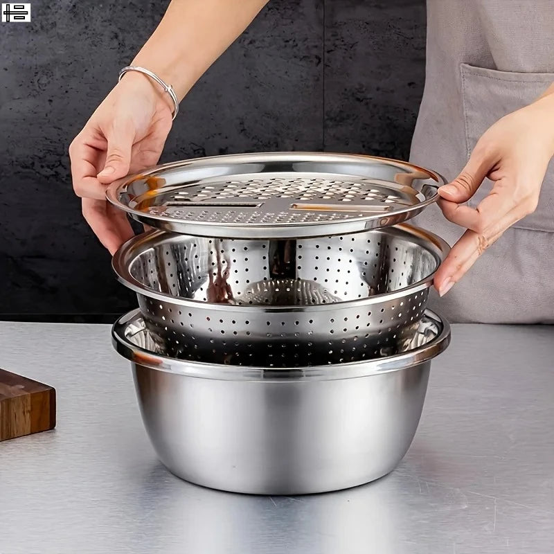 Ralador, Fatiador e Tigela Multifuncional de Aço Inoxidável para Cozinha Elegante
