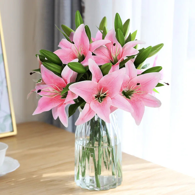 Produto 5 pçs 38cm lírio branco flores artificiais festa de casamento buquê de noiva planta falsa para sala estar casa garen decoração toque real - 1
