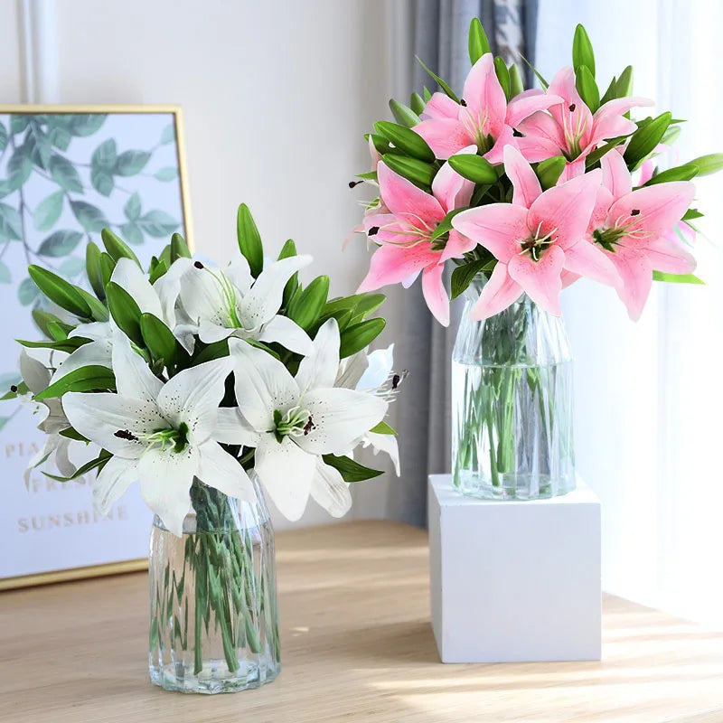 Produto 5 pçs 38cm lírio branco flores artificiais festa de casamento buquê de noiva planta falsa para sala estar casa garen decoração toque real - 1