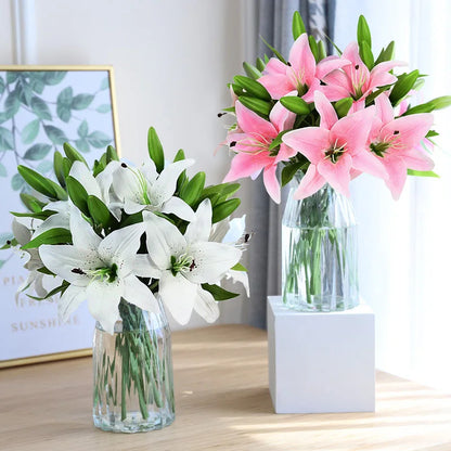 Produto 5 pçs 38cm lírio branco flores artificiais festa de casamento buquê de noiva planta falsa para sala estar casa garen decoração toque real - 1