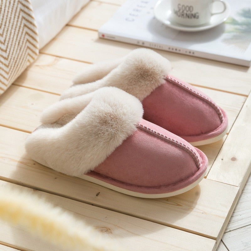 2022 Winter Warm Home Fur Slippers Women Luxury Faux Suede Plush Couple Cotton Shoes Indoor Bedroom Flat Heels Fluffy Slippers