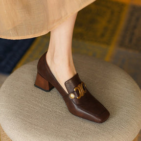 Retro Women Heeled Shoes Spring Leather Chunky Square Toe Metal Decorative Office Lady Loafers British Style Brown Female Shoes