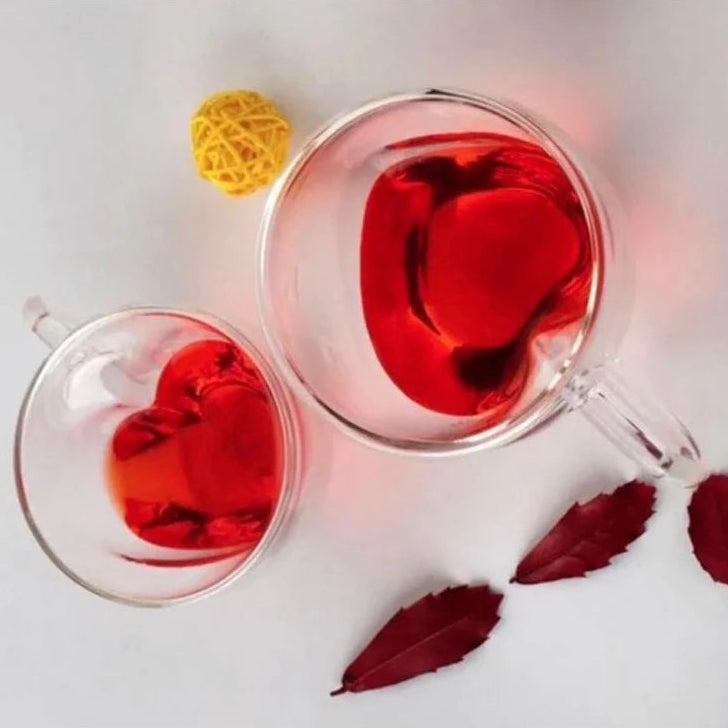 Kit com 2 Xícaras de Vidro Duplo com Coração, Resistente ao Calor