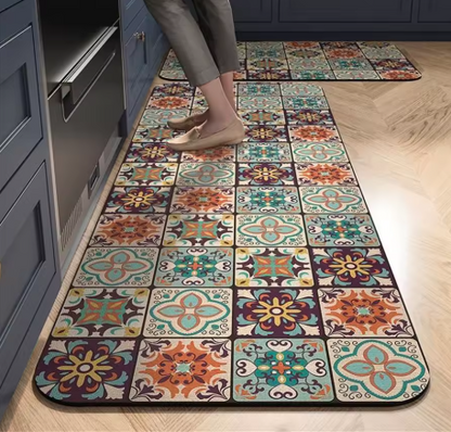 Tapete para Cozinha Absorvente Ladrilhos Antiderrapante – Design Hidráulico Retrô