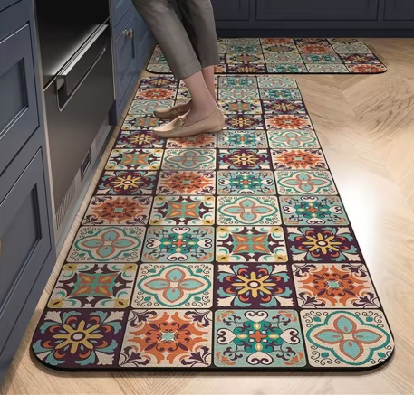 Tapete para Cozinha Absorvente Ladrilhos Antiderrapante – Design Hidráulico Retrô