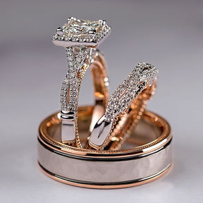 Huitan Luxury Princess Cut Cubic Zircon Bridal Marriage Set Rings Elegant Accessories Brilliant Women Men Wedding Trendy Jewelry