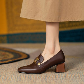 Retro Women Heeled Shoes Spring Leather Chunky Square Toe Metal Decorative Office Lady Loafers British Style Brown Female Shoes