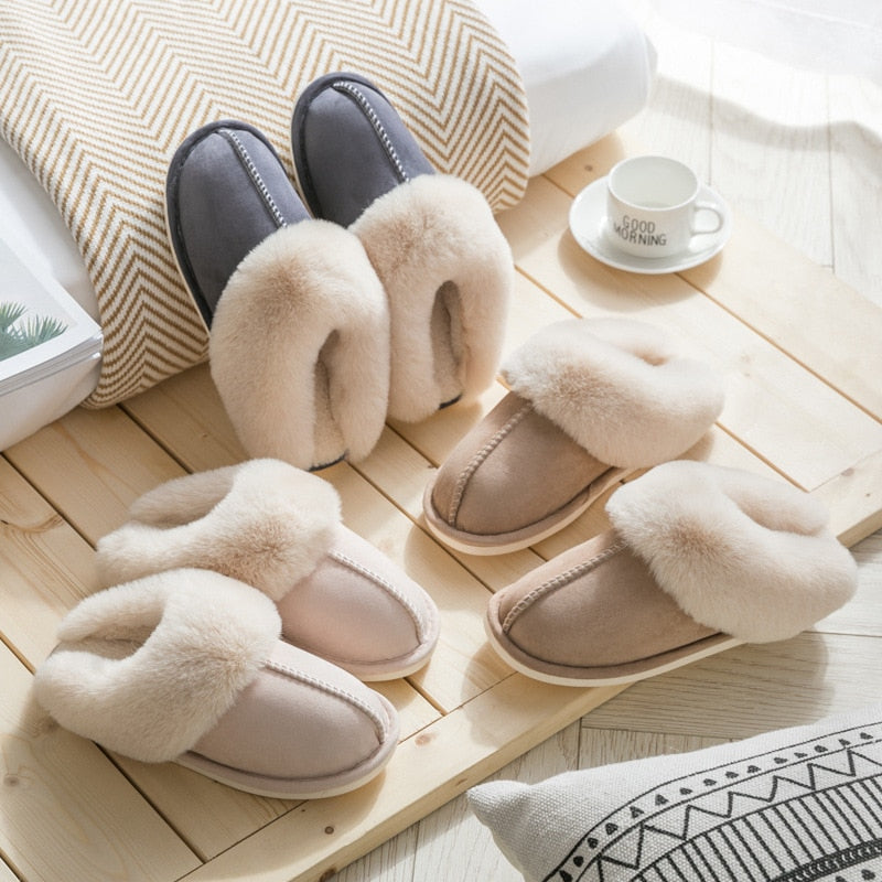 2022 Winter Warm Home Fur Slippers Women Luxury Faux Suede Plush Couple Cotton Shoes Indoor Bedroom Flat Heels Fluffy Slippers