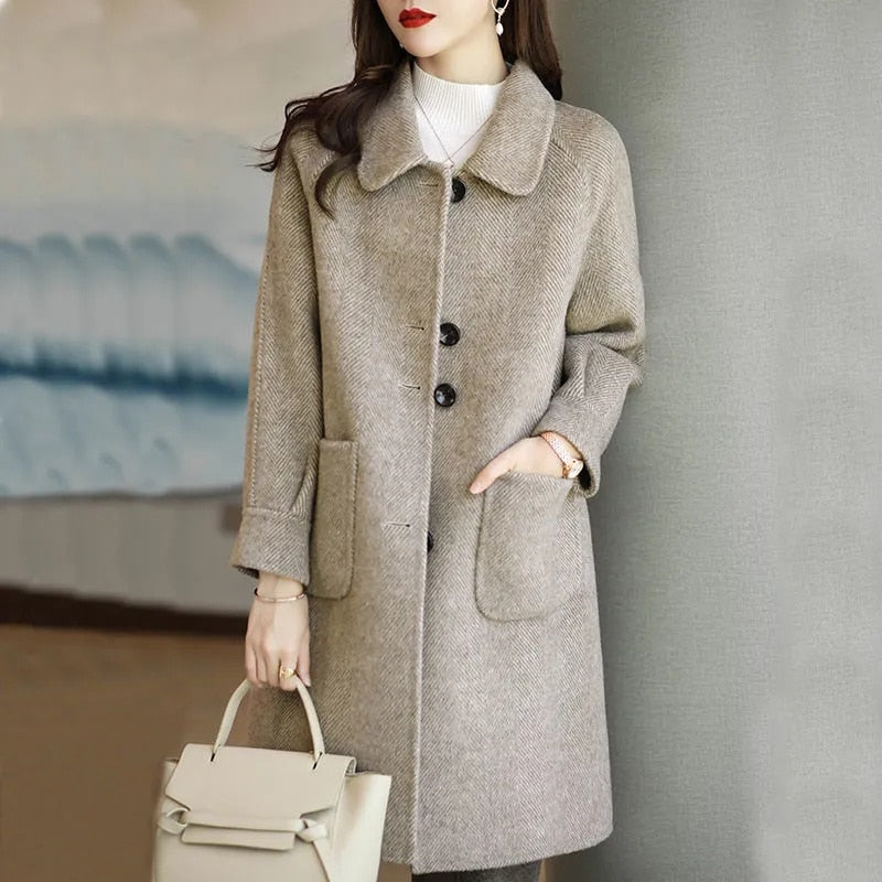 Woolen Jacket Women's 2023 Autumn/Winter New Style Small Thickened Korean Version Slim Temperament Mid-Length Woolen Coat M458