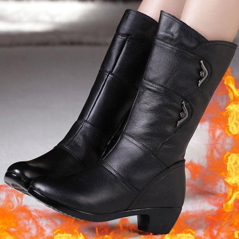 Women Mid-calf Boots Autumn British Style Black Fashion Side Zipper Waterproof Plus Size Leather Boots Botas Media Cana Mujer