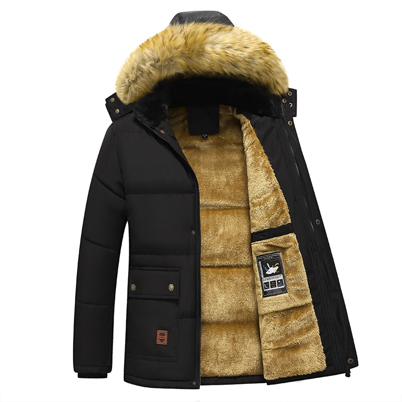 2022 New Men Winter Parka Fleece Lined Thick Warm Hooded Fur Collar Coat Male Size 5XL Plush Jacket Autumn Work Outwearing Black