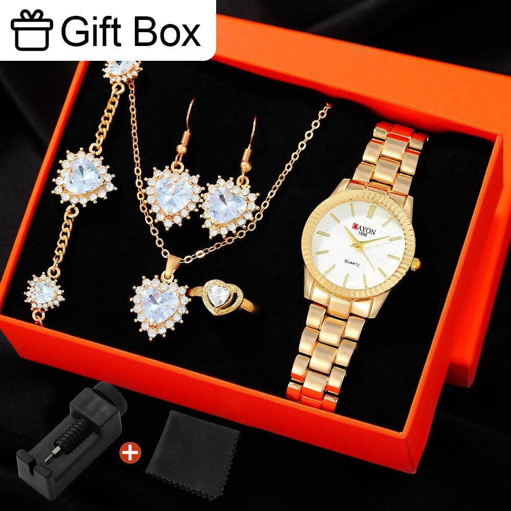 CAYON 6pcs Dainty Women Quartz Watch With Jewelry Set Fashion Round Women Watch Rhinestone Necklace Bracelet Earrings Ring Set