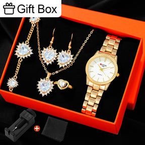 CAYON 6pcs Dainty Women Quartz Watch With Jewelry Set Fashion Round Women Watch Rhinestone Necklace Bracelet Earrings Ring Set