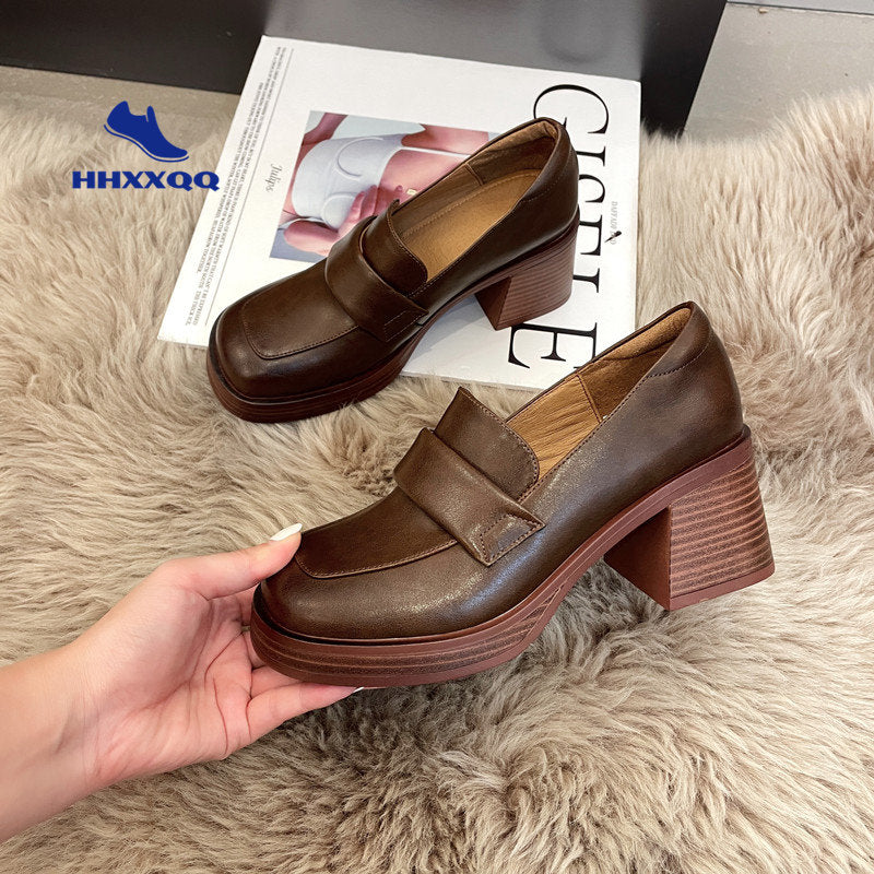 Shoes Female Heels Women British Style 2022 New Thick-soled College Style Casual Loafers Black Leather Fashion Shoes Girls