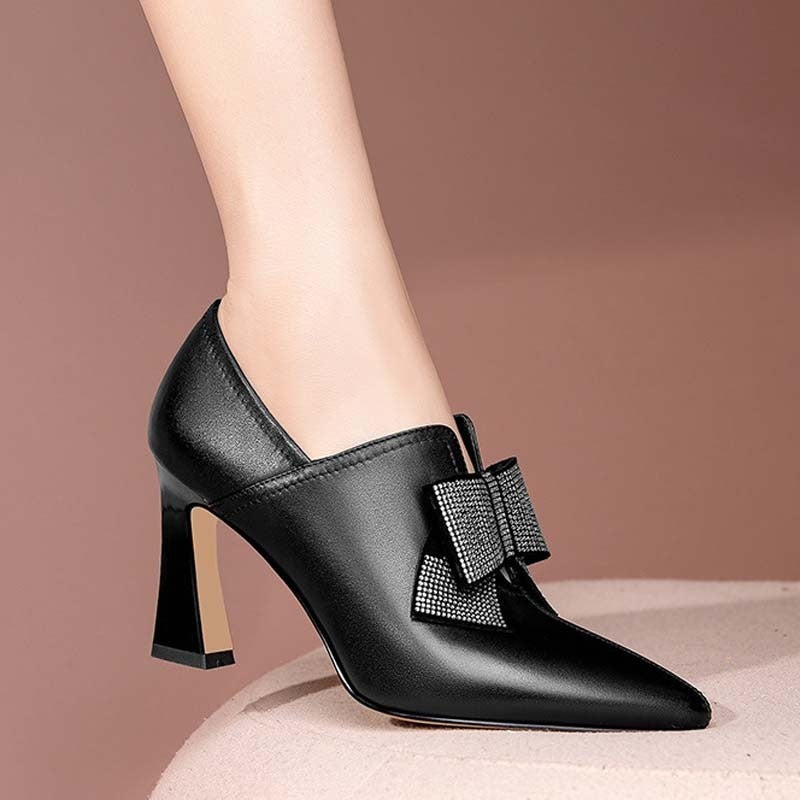 Women Chunky Heels Shoes 2023 New Autumn Bow Rhinestone Pointed Toe Pumps Sexy Slip On Party Dress Ankle Boots Zapatillas Mujer